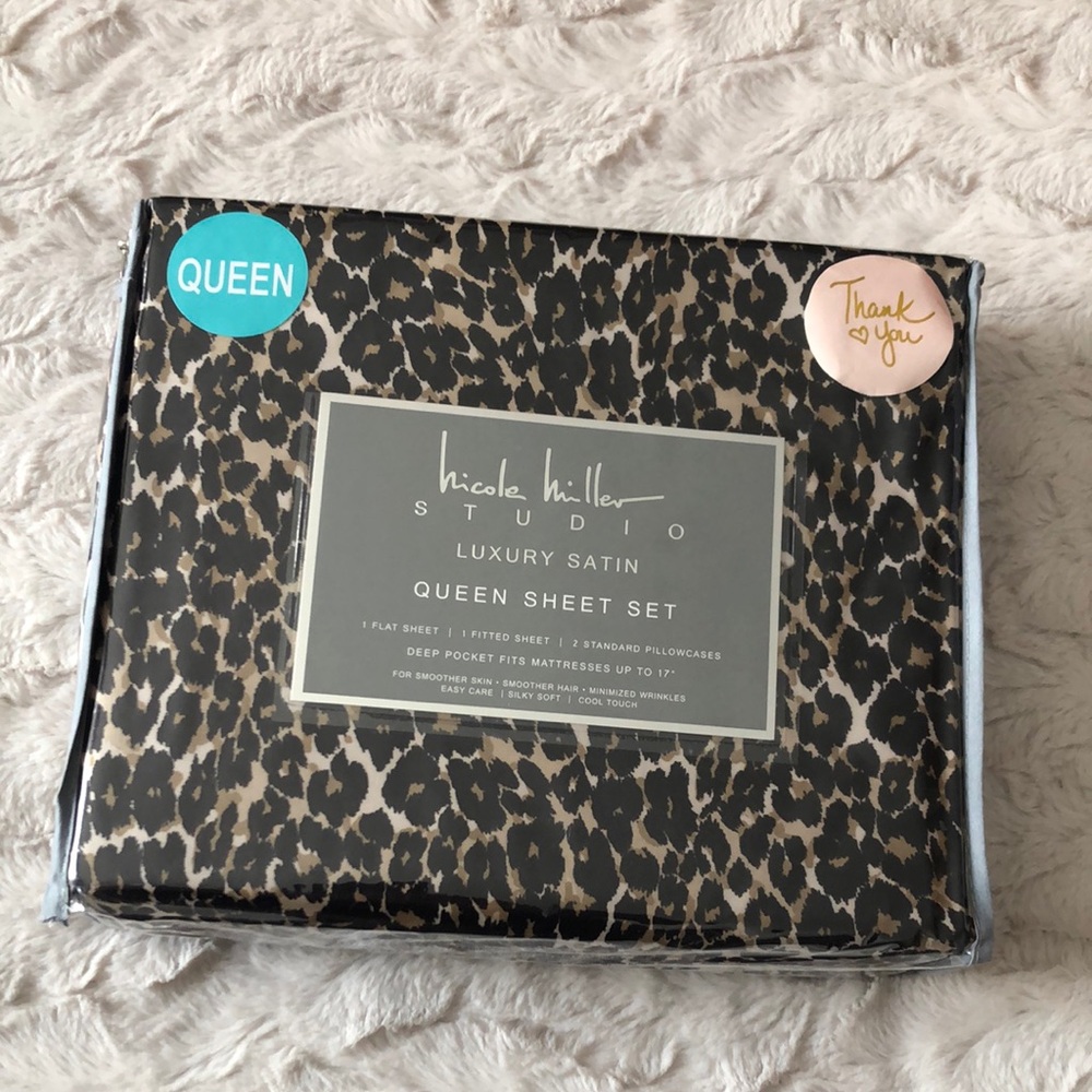 Nicole Miller Leopard Satin Queen Sheet Set - Black & Tan